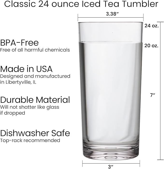 US Acrylic Classic Clear Plastic Reusable Drinking Glasses (Set of 6) 24oz Iced-Tea Cups | BPA-Free Tumblers, Made in USA | Top-Rack Dishwasher Safe