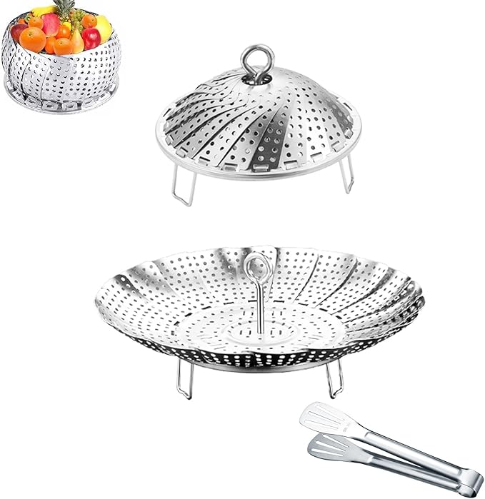 Vegetable Steamer Basket, 304 Stainless Steel Steamer for Cooking, Expendable Food Steamer to Fit Various Size Pot (6.4" to 10.2" + 7.3" Kitchen Tong)