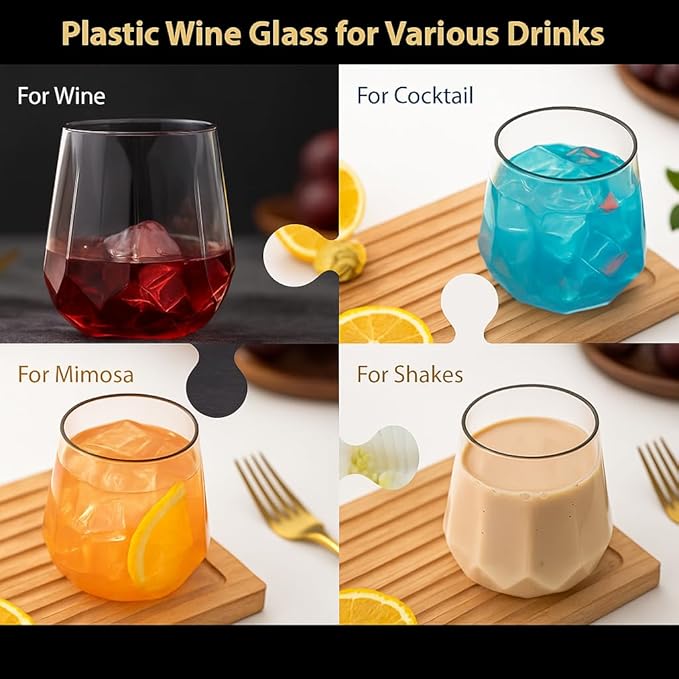 40 count Diamond Unbreakable Stemless Plastic Wine Champagne Whiskey Glasses Elegant Durable Disposable Indoor Outdoor Home office wedding bars 12 Ounce (Classic Old Fashioned Clear)