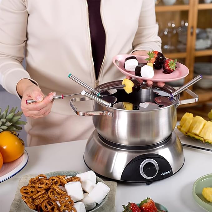 CUSIMAX Electric Fondue Pot Set with Temperature Control, 8-Color Coded Forks, Stainless Steel Fondue Maker, For Chocolate, Cheese, Broth, Oil, 1500W, 1.4 Quarts, Easy to Clean
