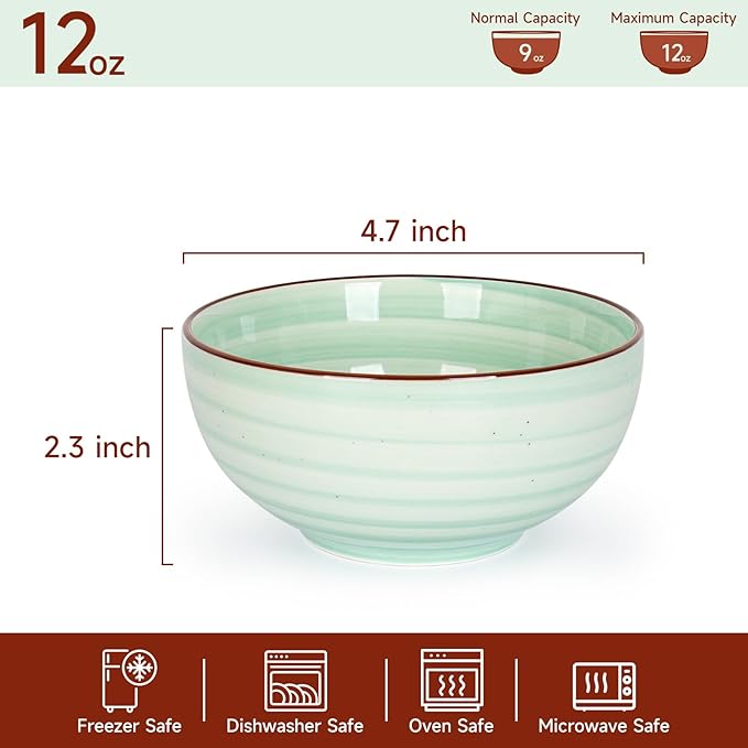 KitchenTour Dessert Bowls Set of 6, 12 OZ Ceramic Cereal Bowls for Kitchen, 4.7 Inch Small Bowls for Snack, Fruit, Ice Cream - Microwave & Dishwasher Safe, Assorted Warm Colors