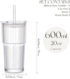 KEMORELA 2-Pack Ribbed Glass Tumblers with Lids & Straws – Vintage Iced Coffee Cups, Reusable Smoothie & Cocktail Drinking Glasses, Clear Glassware for Home or Cafe