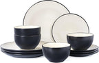 Plates and Bowls Sets for 4 - CJDC-QUELO 12-Piece Stoneware Dinnerware Sets, Ceramic Dishware Set for Indoor Kitchen Use and Formal Dining, Chip and Scratch Resistant Microwave Dishwasher Safe, Ivory
