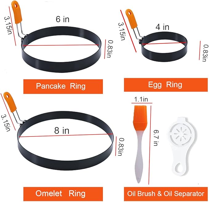 6 Pcs Professional Egg Ring Pancake Ring Set,8" Large Omelette Ring,6" Pancake Ring,4" Round Egg Ring, Non-stick Stainless Steel Egg Cooking Rings Set for Griddle Frying Eggs with Silicone Handle