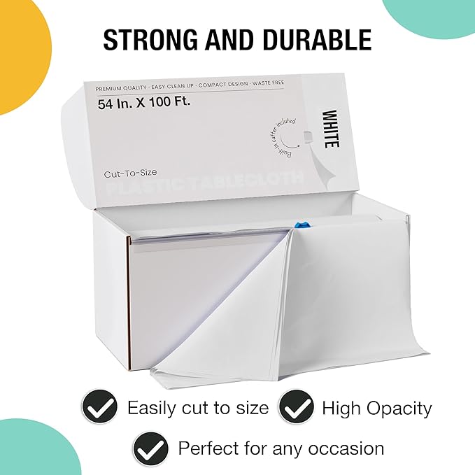 Exquisite Party Solids 54 Inch X 100 Feet White Plastic Table Cover Roll in A Cut - to - Size Box with Convenient Slide Cutter. Cuts Up to 12 Rectangle 8 Feet Plastic Disposable Tablecloths