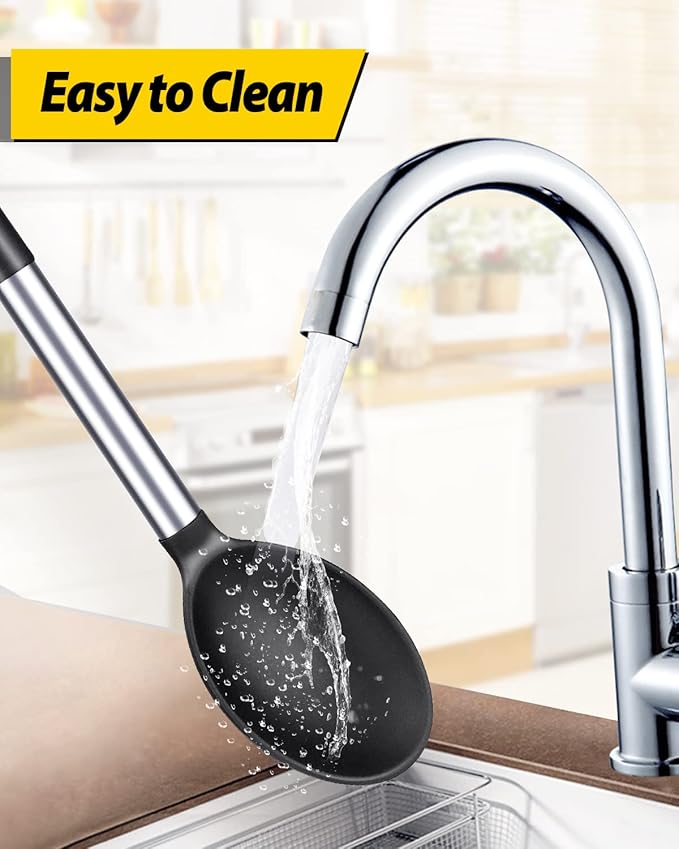 Pack of 2 Large Silicone Cooking Spoons,Non Stick Solid Basting Spoon,Heat-Resistant Kitchen Utensils for Mixing,Serving,Draining,Stirring (BLACK)