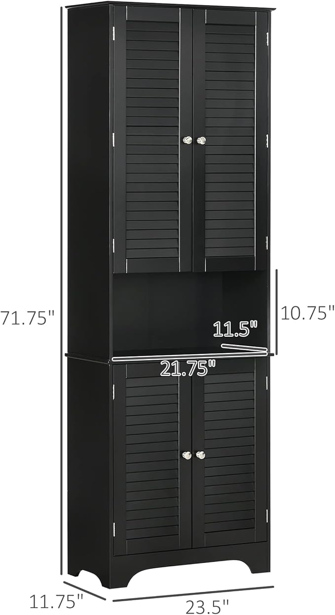 HOMCOM Tall Narrow Bathroom Storage Cabinet with Doors and Shelf Adjustability, Freestanding Linen Cabinet with 2 Cabinets and Countertop, Black