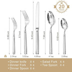 KINGSTONE Silverware Set, 18/10 Stainless Steel Flatware Set - Roman Column Embossed Thick Handle, for Wedding, Home, Restaurant, Camping and Party, Mirror Polish & Dishwasher Safe (20-Piece)