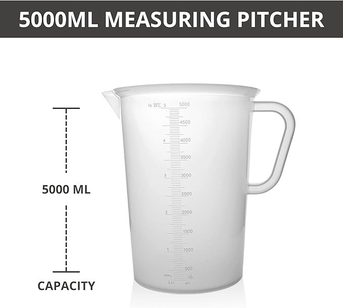 Plastic Graduated Measuring and Mixing Pitcher - 5000ml Plastic Graduated Measuring Pitcher - Soap Making Supplies for Easy Pouring & Accurate Measurements, With Handle & Pour Spout, 5 Liter
