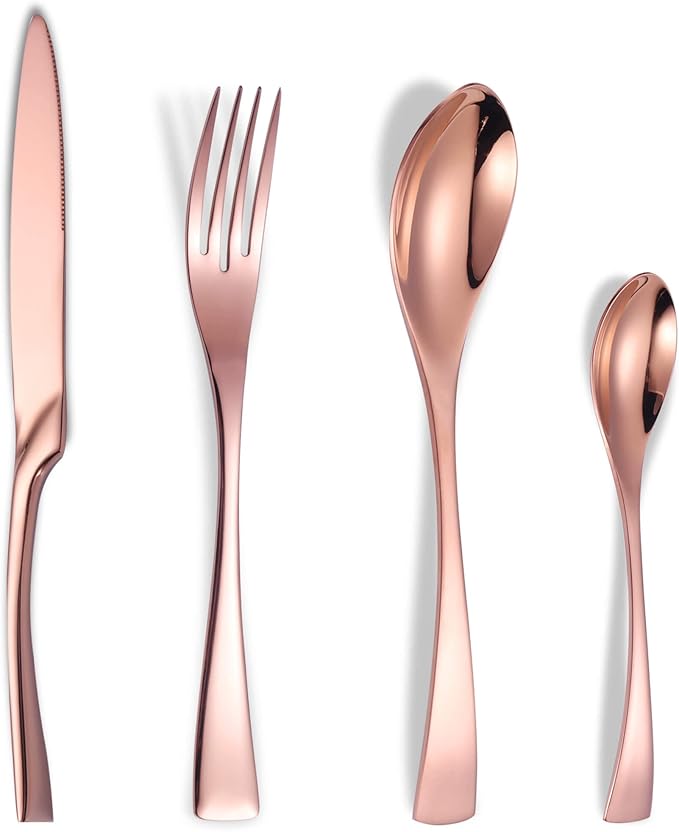 Lemeya 24-Piece Rose Gold Silverware Set for 6,18/10 Stainless Steel Cutlery Set with Forged Stand Knife,Modern Flatware Utensils Set,Forks Spoons and Knives Set,Mirror Polished,Dishwasher Safe