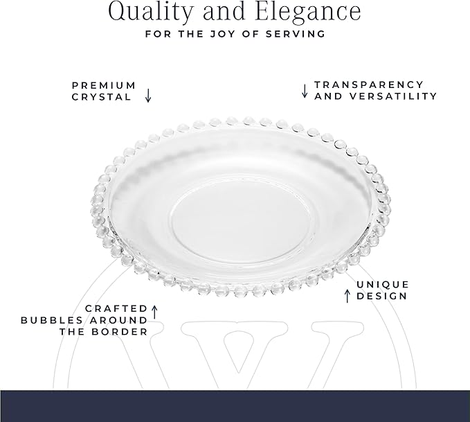 WOLFF - Set of 4 Pearl Beaded Crystal Dessert Plates - Salad, Appetizer or Starter Plate, Dinner Accessories, Decorative Dish, Crystal Kitchen Accessories - Luxury Dinnerware - Clear 8"