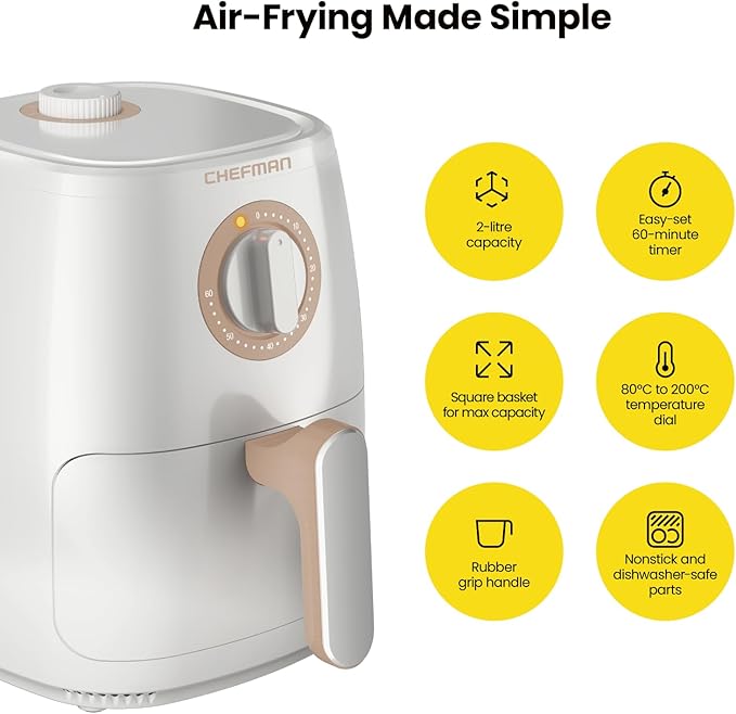 Chefman TurboFry 2-Quart Air Fryer, Dishwasher Safe Basket & Tray, Use Little to No Oil For Healthy Food, 60 Minute Timer, Fry Healthier Meals Fast, Heat And Power Indicator Light, Temp Control, White