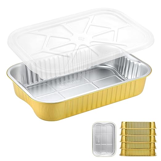 13"x 8.9" Sturdy Aluminum Foil Pans with Lids and Handle (5 Pack), 2X Thicker Heavy Duty, Dishwasher, Reusable Microwavable for Cooking, Baking, Reheating, Freezer, Oven, Recyclable, 118oz