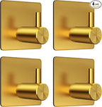 VIS'V Adhesive Towel Hooks, Waterproof Shower Wall Stick on Hooks, Gold, 4 Pcs