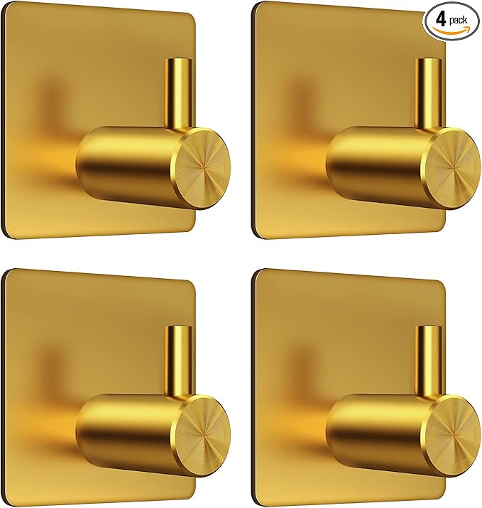 VIS'V Adhesive Towel Hooks, Waterproof Shower Wall Stick on Hooks, Gold, 4 Pcs