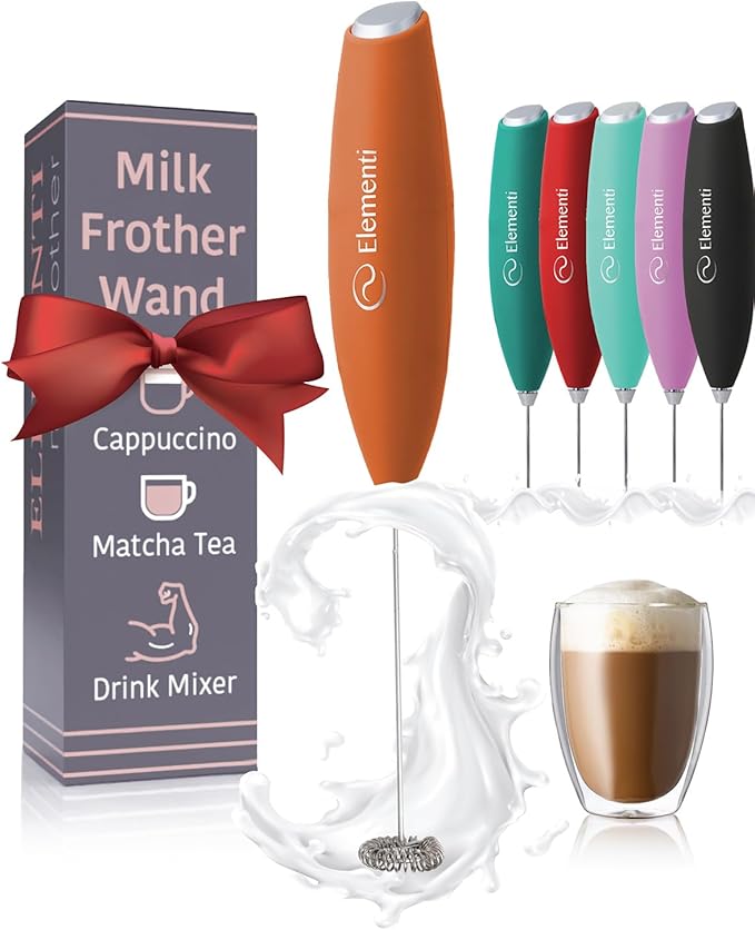 Elementi Drink Mixer Handheld - Electric Stirrer and Powerful Protein Powder Mixer Wand, Easy-to-Use Mini Frother Wand for Quick Delicious Cocktails, Milk Frother and Coffee Stirrers (Orange)