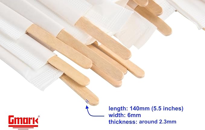 Gmark 5.5" Premium Wood Stirrer 2.3mm Thick Individual Wrapped 200 pc - Wood Coffee Stir Sticks for Tea Beverage, Corn Dog Stick Craft Stick 200/Bag GM1115D