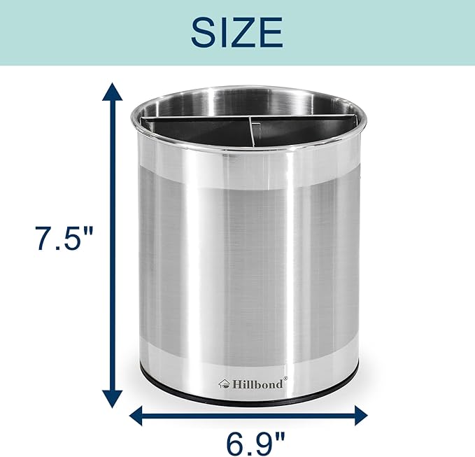 Hillbond Stainless Steel Utensil Holder for Kitchen Counter with Removable Divider, 6.9x7.5 inch Metal Utensil Holder for Countertop, 360° Rotating Spatula Crock for Cooking (EXTRA LARGE)