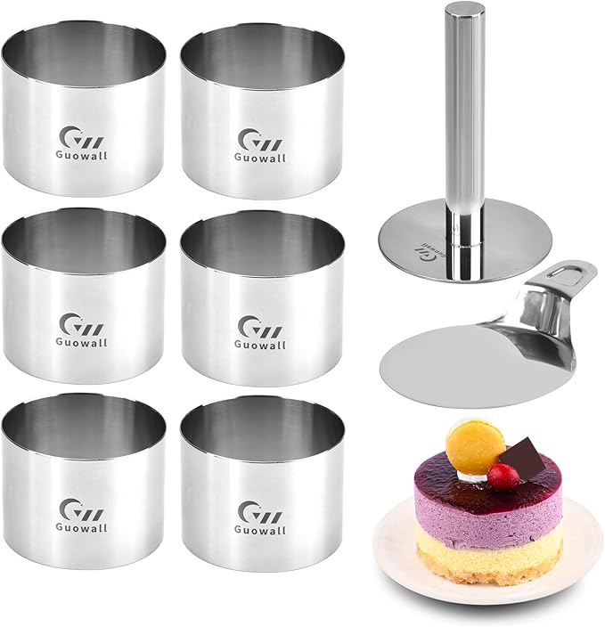Guowall 6 pack Seamless Mousse Ring Set 3 inch Stainless Steel Round Cake Cutter Food Pastry Mold for Baking (Includes 1 Lifter, 1 Pusher and 6 Rings)