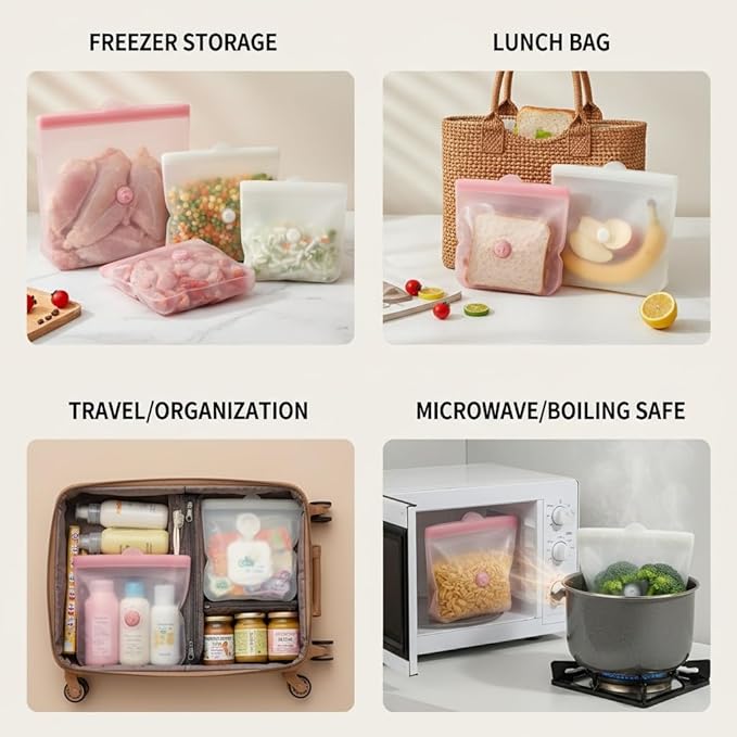 Reusable Silicone Food Storage Bags – Premium Eco-Friendly Multi-Size Set (650ml/1300ml/2000ml), Leakproof, BPA-Free, Freezer & Microwave Safe, Dishwasher Friendly (Pink)