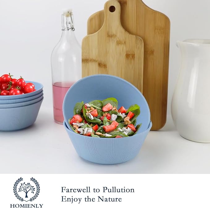 Homienly Alternatives Plastic Bowls - 36oz Cereal & Soup Bowls, Set of 6, Microwave & Dishwasher Safe, Sky Blue