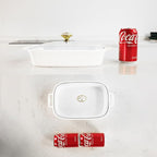 10" x 7" Ceramic Rectangular Casserole Dish with Glass Lid, 1.3 Quart White Serving Soup Tureen,Chafing Dish for Buffet, Family Food preserve Tray, Catering Casserole for Party Style