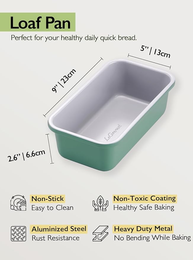 LeGourmet Nonstick Bread Loaf Pan 9 X 5 Inch, Ceramic Coating, Non-Toxic, Rust Resistant Aluminized Steel, Perfect 1 lb Baking Dish for Meatloaf, Pound Cake & Brownie (Rosemary)