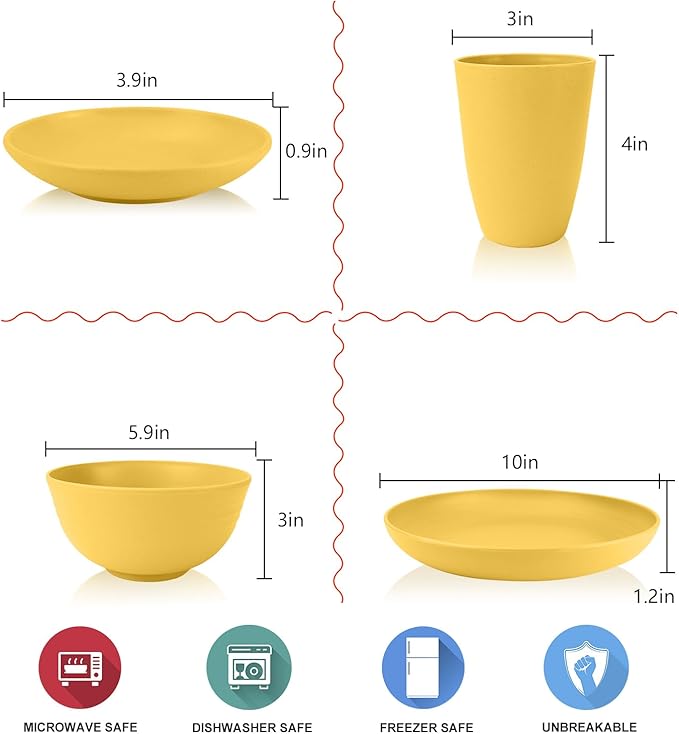 Wheat straw plates and bowls sets of 16 - Unbreakable wheat straw dinnerware sets for camping - Alternative plastic dinnerware set service for 4. Yellow