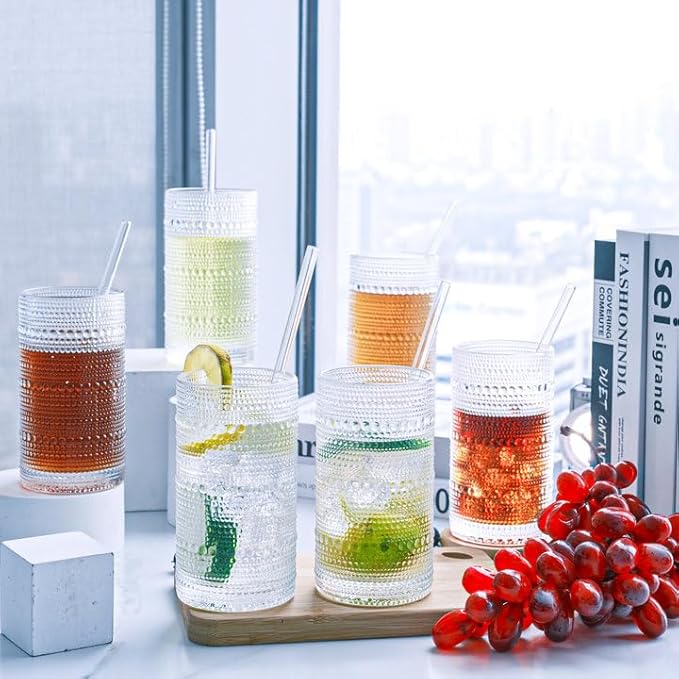 Hobnail Drinking Glasses Vintage Glassware SetVintage Glassware Set (12CLEAR-ADD STRAWS)