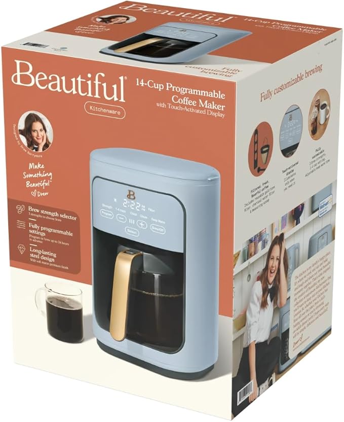 Beautiful by Drew Barrymore 14-Cup Programmable Drip Coffee Maker, Touch-Activated Display, Fast 14-Min Brew, Bold Strength, Keep Warm 4hrs, Gold Filter (Cornflower Blue)