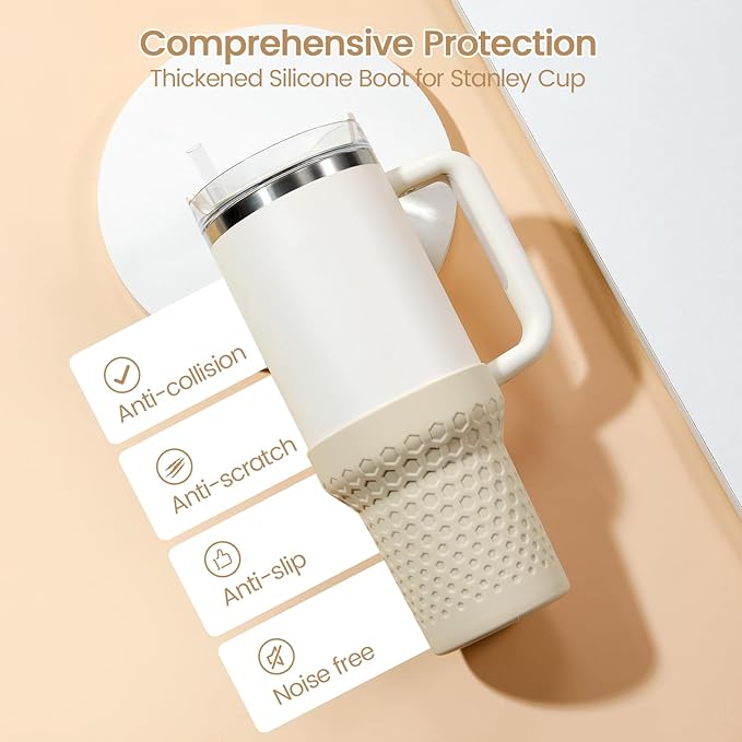 Silicone Boot for Stanley, Cup Bottom Protector Sleeve Accessories for Stanley Quencher H2.0 FlowState Tumbler 40oz / Adventure Quencher Tumbler 40oz (Cream)