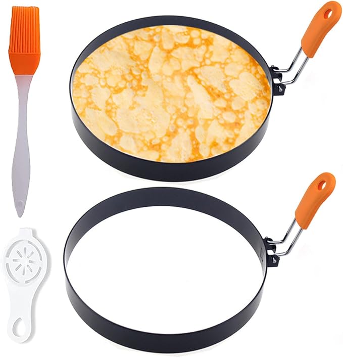 Pancake Ring for Griddle,2 Packs 6 Inch Non-stick Stainless Steel Pancake Rings Omelette Ring,6" Muffin Ring Pancakes Maker Crumpet Ring Fried Egg Ring Pancake Shaper Circle with Silicone Handle