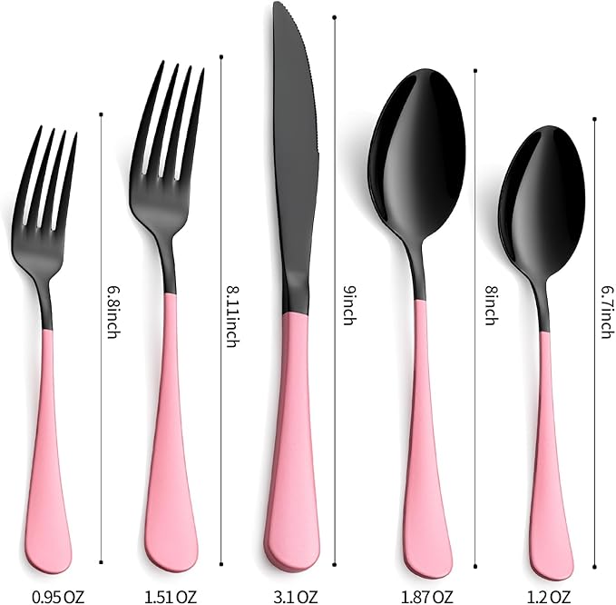 20-Pieces Blac and Pink Silverware Sets for 4,Pink Handle Stainless Steel Cutlery Set, Include Forks Spoons and Knives Set, Dishwasher Safe Utensil Sets for Home Restaurant