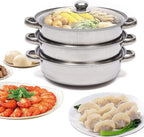 3 Tier Steamer Pot with Glass Lid - 30 cm Stainless Steel Steamer Pot Set Kitchen Cookware Tool Food Veg Cooker for Cooking Vegetables, Seafood, Soups, Stews and Pasta