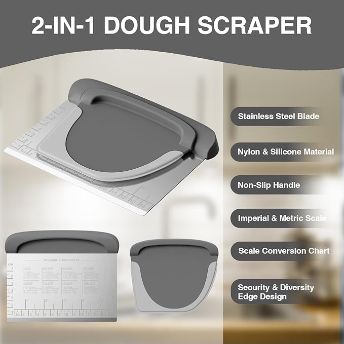 Bench Scraper Dough Cutter Tool - Bowl Pastry Scraper for Bread Cake Pizza, Bench Knife Kitchen Dough Scraper for Baking, Stainless Steel Food Scraper with Grip Handles & Measuring Scale, Grey, Gray