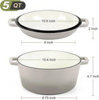 P&P CHEF 5Qt Dutch Oven Pot for Bread Baking (Khaki), 2 In 1 Round Cast Iron Dutch Oven with Lid Set, Skillet & Pot for Roasting Braising Stewing Frying Simmering, Multi Stoves & Oven Safe