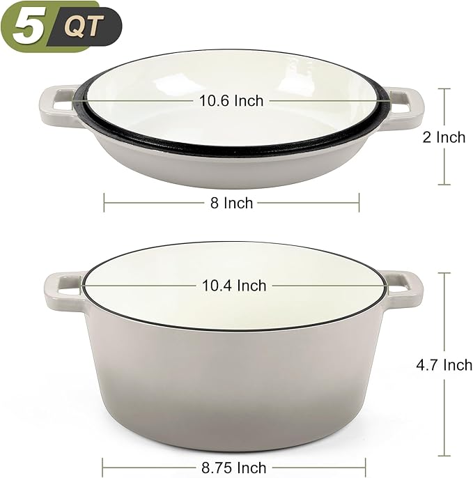 P&P CHEF 5Qt Dutch Oven Pot for Bread Baking (Khaki), 2 In 1 Round Cast Iron Dutch Oven with Lid Set, Skillet & Pot for Roasting Braising Stewing Frying Simmering, Multi Stoves & Oven Safe