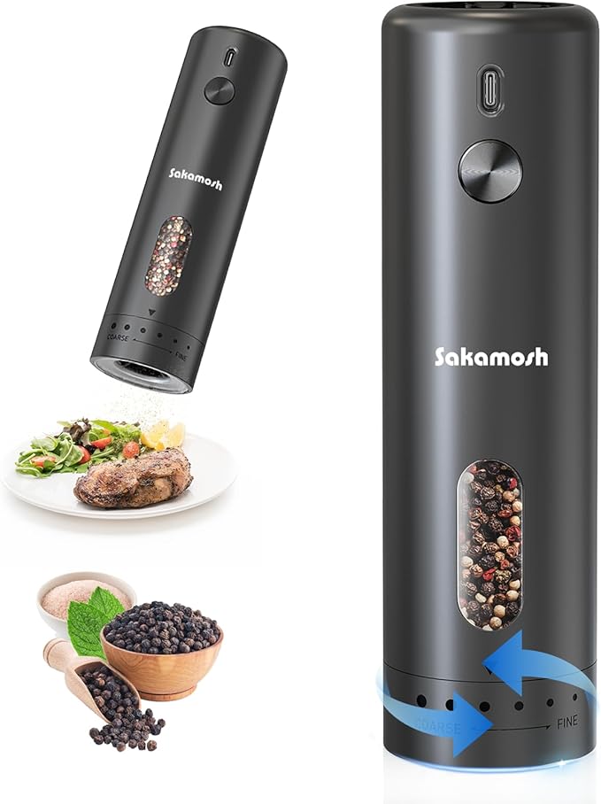 Electric Black Pepper Grinder Rechargeable, Larger Capacity Top-Refill Automatic Salt Grinder and Pepper Mill with 6 Adjustable Coarseness, LED Light, One-Handed Operation for Home (1 Pack)
