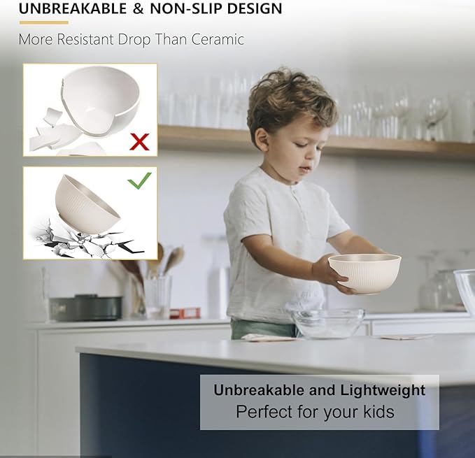 PYRMONT Wheat Straw Bowls 26 OZ Plastic Bowls Reusable, Unbreakable Soup Bowls, Bowl Set of 8, Cereal Bowl, Small Bowls for Kitchen, Dishwasher & Microwave Safe Bowls, BPA-Free (Beige)