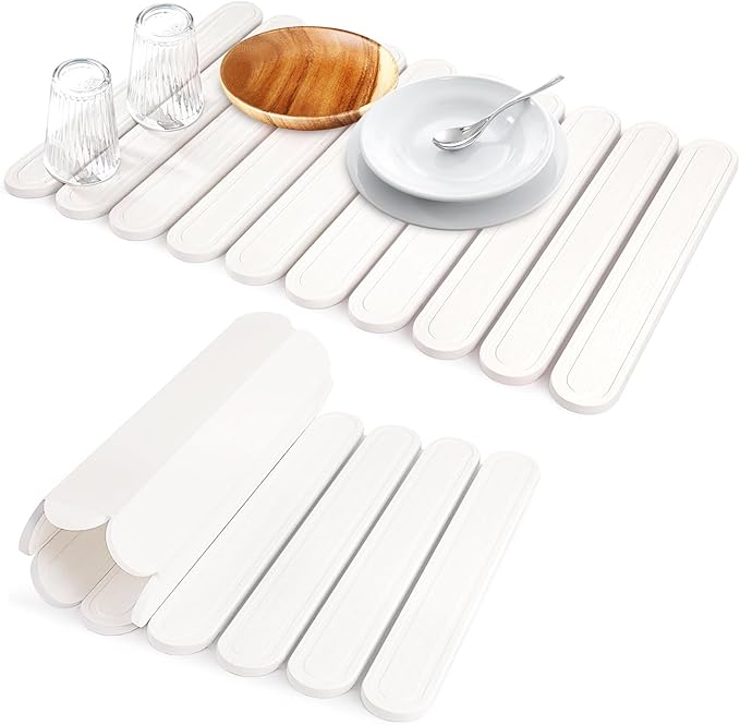 Stone Drying Mat for Kitchen Counter, Large Stone Dish Drying Mat Foldable Diatomaceous Earth Water Absorbing Mat for Dishes Bottles Cups Match Any Countertop White 24" x 16"