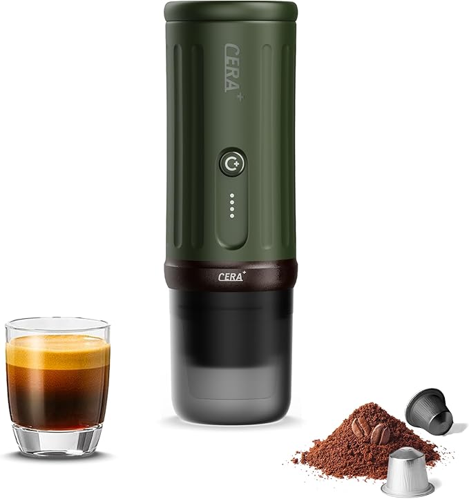 CERA+ Portable Espresso Machine 5-8 Cups per Charge, Self-Heating 20 Bar， NS Pods & Ground Coffee, CERApresso Electric Travel Coffee Maker for Outing, Working, Camping