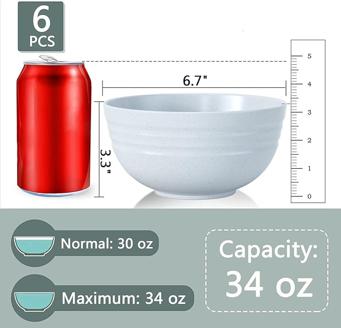 Homestockplus [Set of 6] Unbreakable Large Cereal Bowls,34 Oz Ramen Bowls BPA-Free Eco-Friendly Bowl Set for Cereal, Salad, Soup, Ramen,Oatmeal Apply to Kitchen, Dishwasher & Microwave Safe