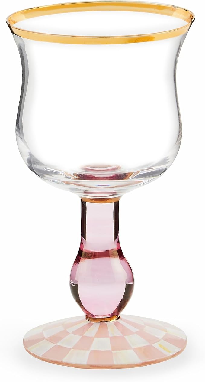 MACKENZIE-CHILDS Stemmed Wine Glass, Decorative Wine Glassware, 16 Ounces, Pink-and-White Rosy Check