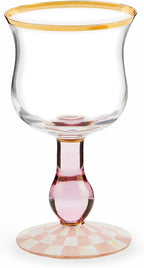 MACKENZIE-CHILDS Stemmed Wine Glass, Decorative Wine Glassware, 16 Ounces, Pink-and-White Rosy Check