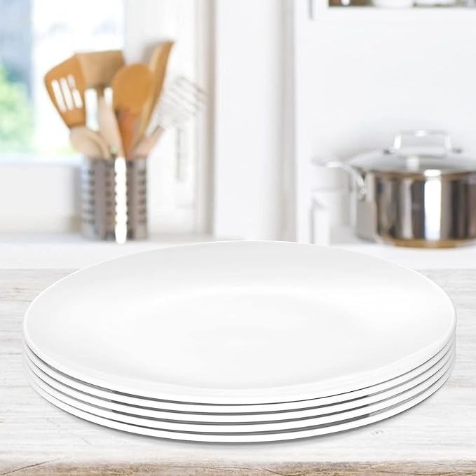 Melamine Restaurant Plates White 11 Inch Wide Side Flat Bottom Deep Round Dinner Plates Salad Plates Lunch Durable and Easy to Clean Set of 6,PYW-11-06