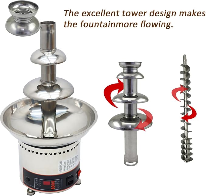 Chocolate Fountain 110V Electric 4-Tiers Digital Chocolate Fountain Melting Machine Heating Fondue Fountain,3kg of chocolate