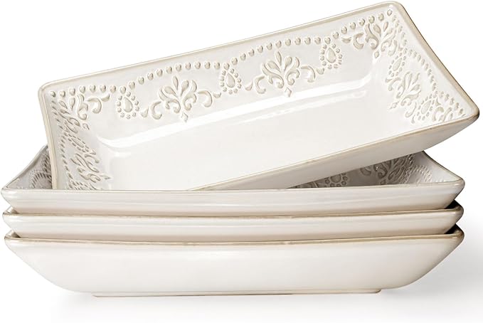 Artena Ceramic Pasta Bowls Set of 4-9.85 Inch Large Salad Bowls, 25 oz Serving Bowls for Soup, Dinner & Party - Embossed Microwave Safe Kitchen Dishes, Rectangle Plates (Damask Floral)