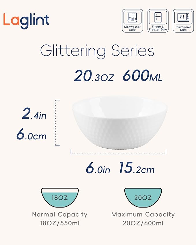 20 OZ Max White Opal Glass Cereal Bowl Set of 6, Thin Light & Durable 6 inch Dishwasher & Microwave Safe Round Geometric Faceted Bowls for Kitchen, Salad, Soup and Rice