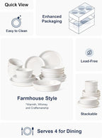 LE TAUCI 16-Piece Ceramic Dinnerware Set with Pasta Bowls (30 oz), Service for 4 – White Farmhouse Plates & Dishes (10" Dinner, 8" Salad, 6" Bowls, 8.5" Pasta) for Housewarming, Wedding Registry Gift