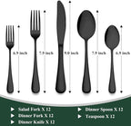 Wildone 60-Piece Black Silverware Set, Stainless Steel Flatware Cutlery Set Service for 12, Tableware Eating Utensils Include Knives/Forks/Spoons, Mirror Polished, Dishwasher Safe